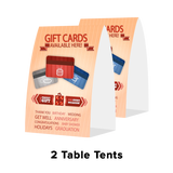 Pre-Designed Gift Cards Starter Kit with 1 Double Sided Sign with Holder, 2 Table Tents, 2 Window Decals, 1 Acrylic Card Holder